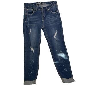 WallFlower Jeans Women’s 7 Blue Skinny Stretch Contrast Selvage Cuff Distressed